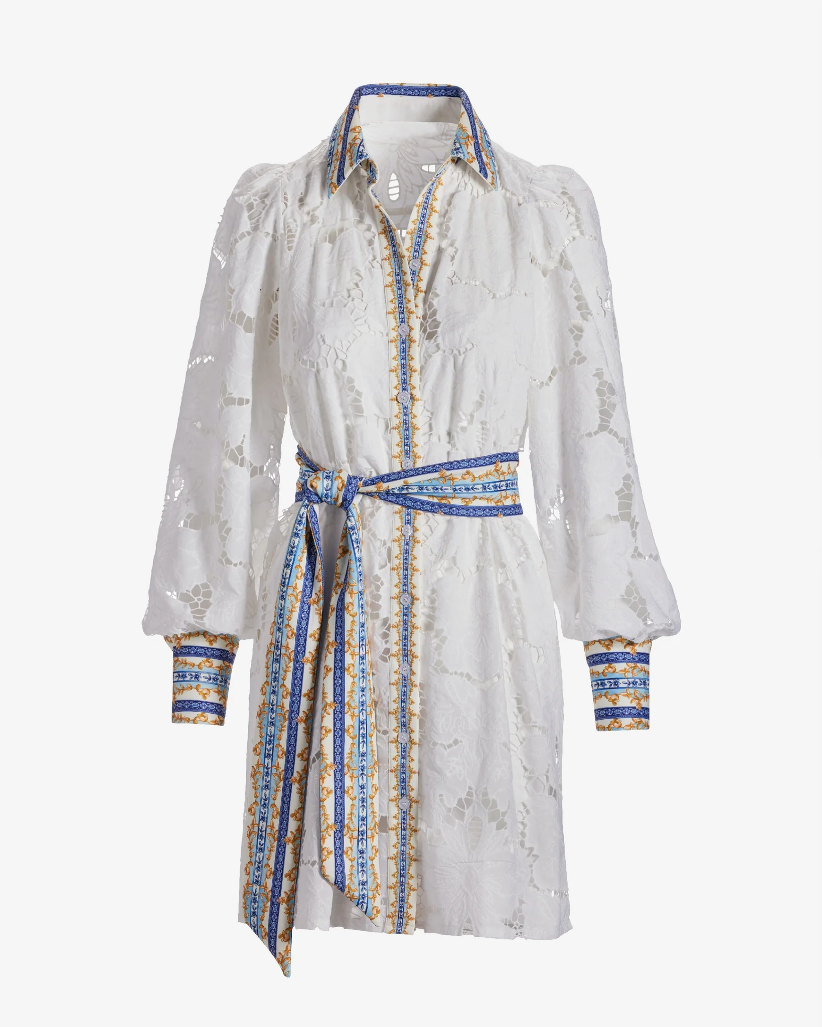 Status Print Collared Lace Shirt Dress Filagree Borders - Mycitystee