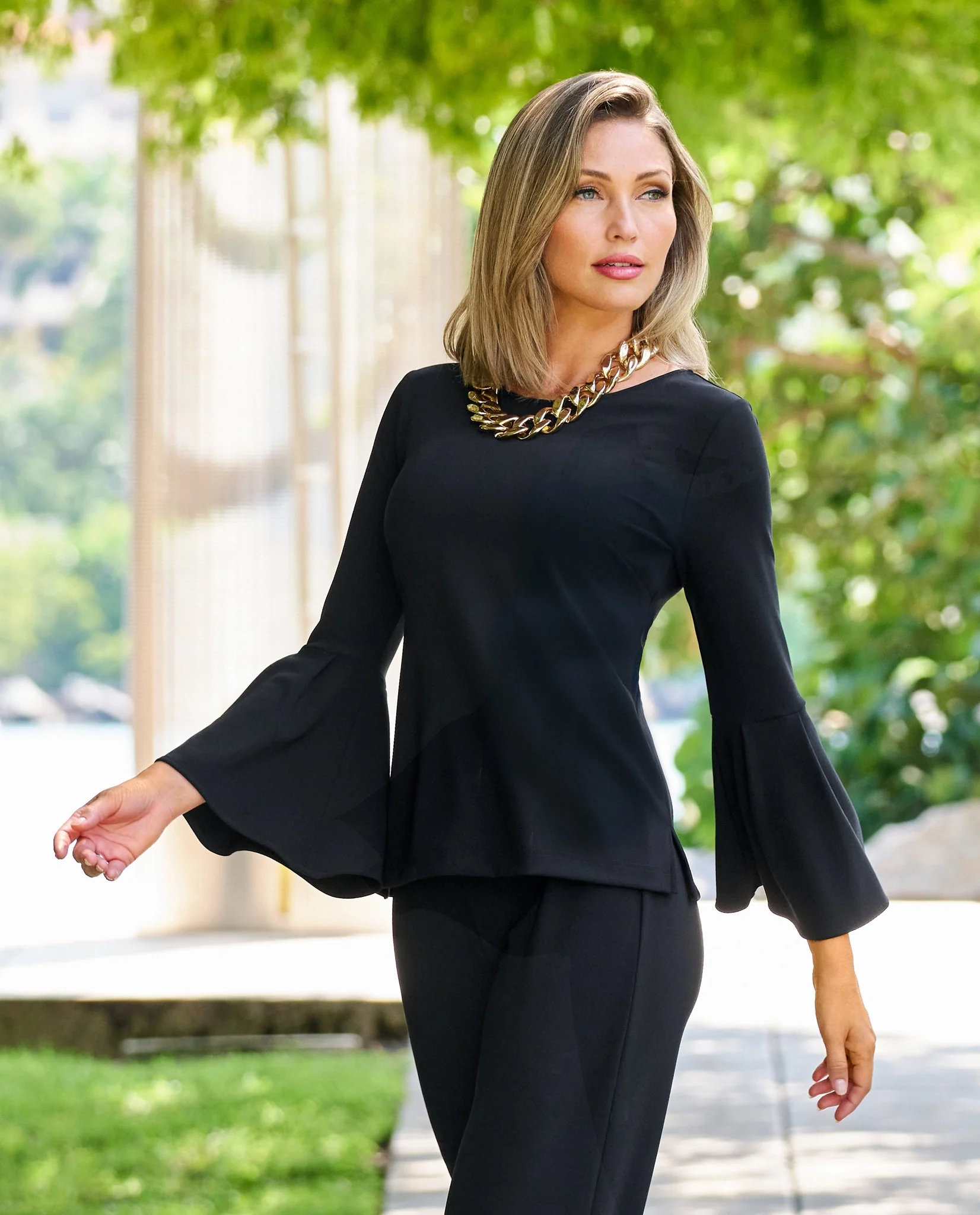 Beyond Travel Crew Neck Bell Sleeve Top Jet Black - Mycitystee