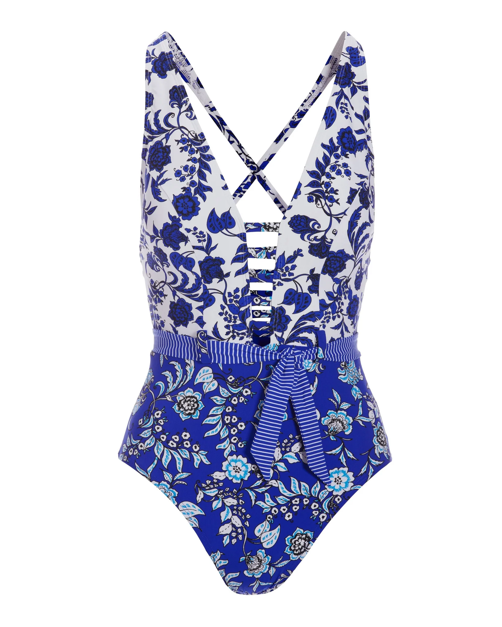 Blue Rosa Ladder Plunge One-Piece Swimsuit Blue White - Mycitystee