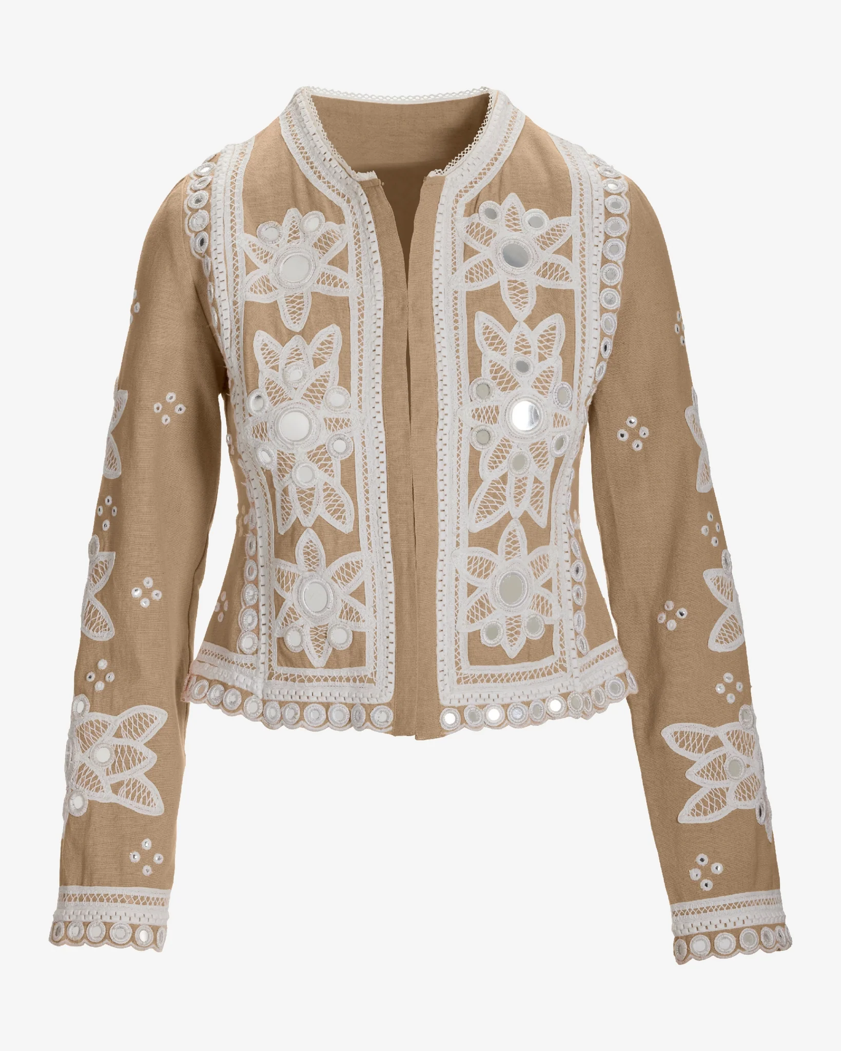 Mirror Embellished and Embroidered Linen Jacket Sesame - Mycitystee