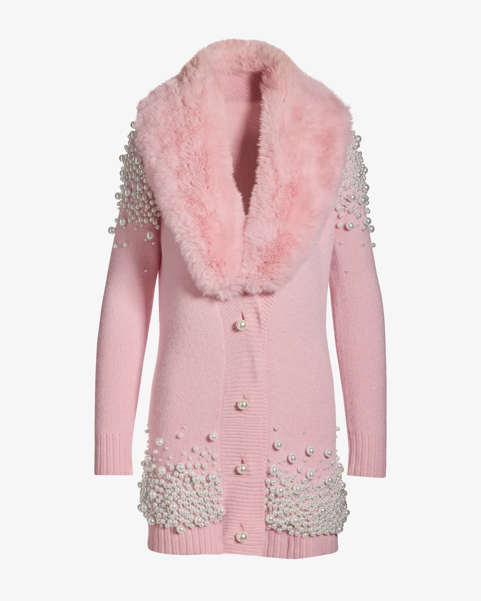 Faux Fur Collar Pearl Embellished Cardigan Sweater Soft Pink - Mycitystee
