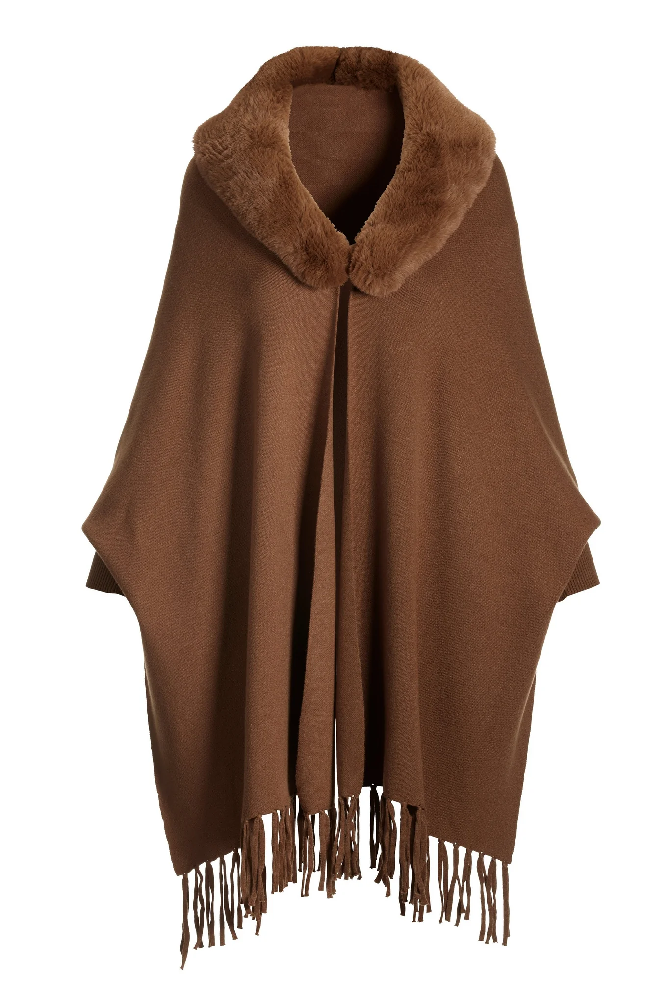Fur Collar Fringe Poncho Cognac - Mycitystee