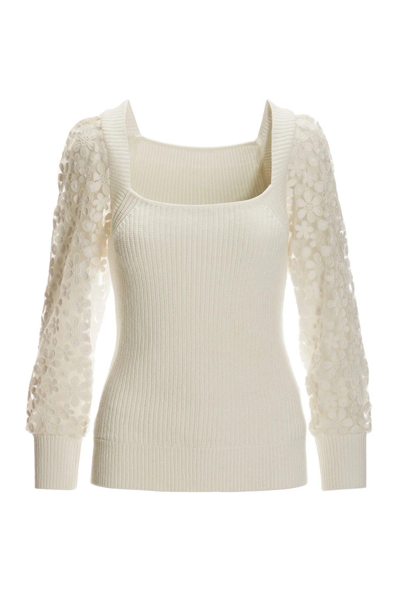 Floral Illusion Sleeve Square Neck Sweater Off White - Mycitystee
