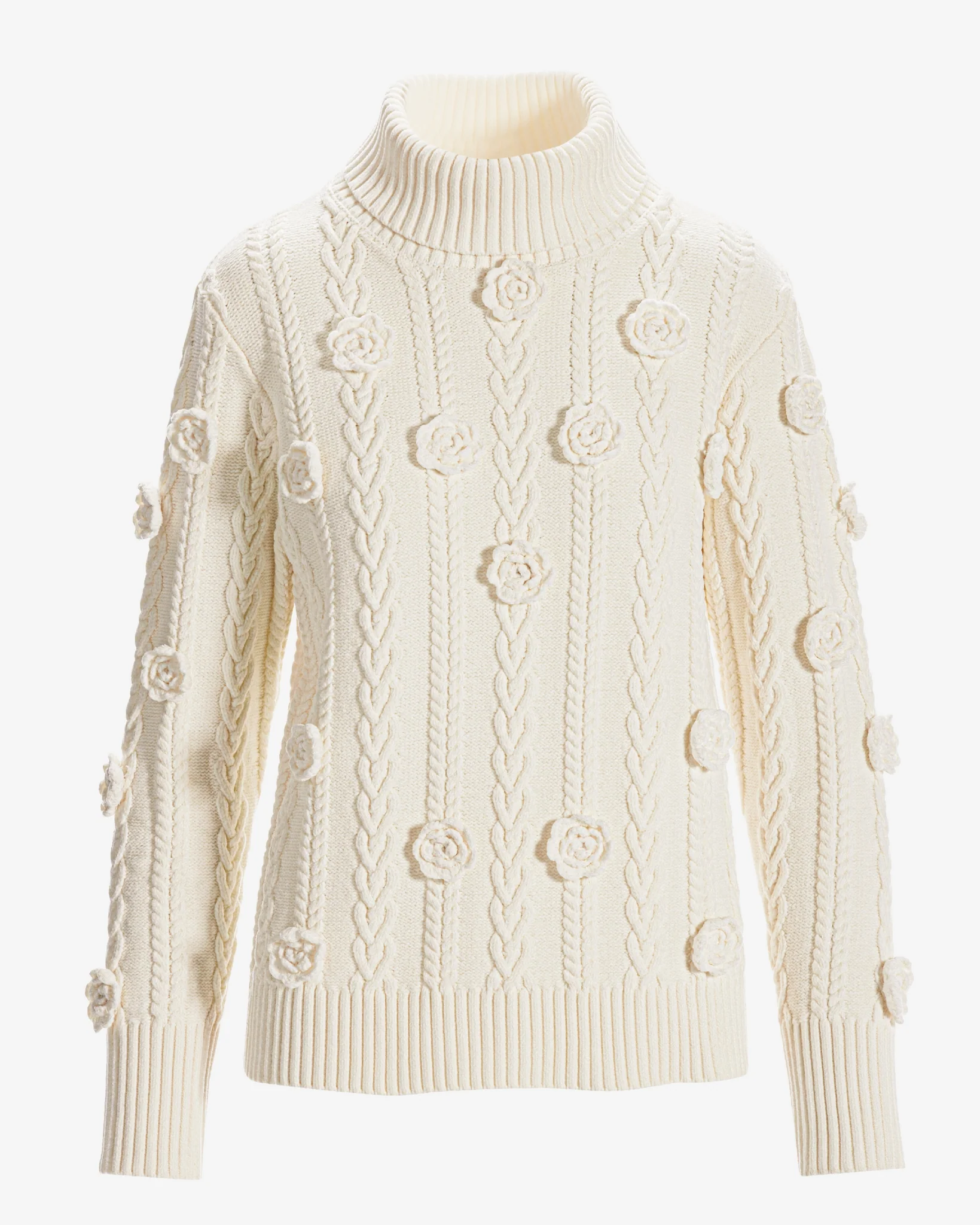 Chenille Rosette Cable Turtleneck Sweater Off White - Mycitystee