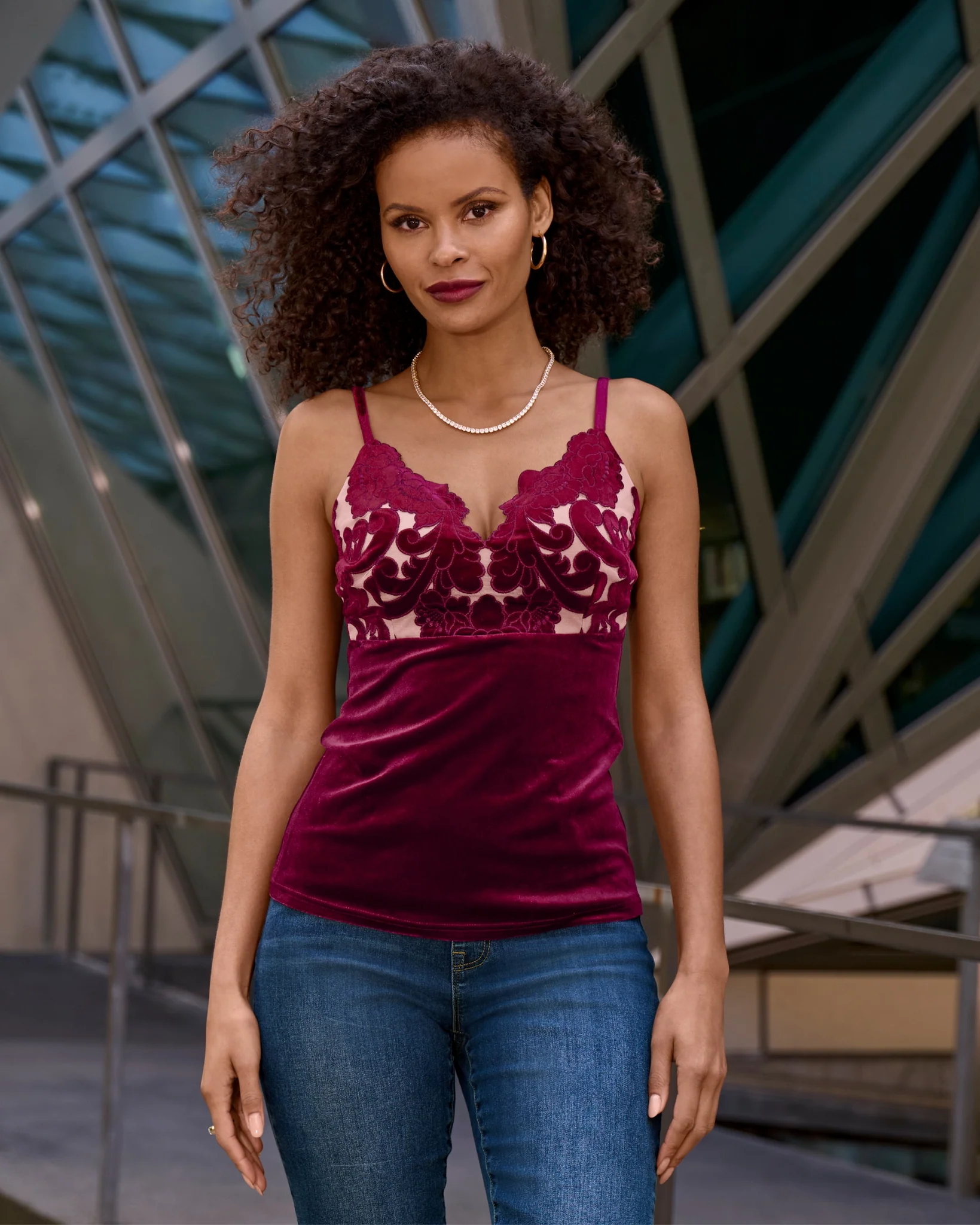 Velvet Scalloped Lace V Neck Cami Top Rumba Red - Mycitystee
