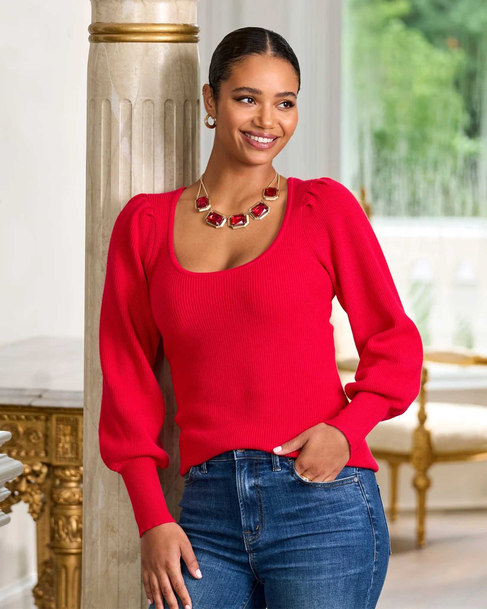 Scoop Neck Balloon Sleeve Sweater Racing Red - Mycitystee