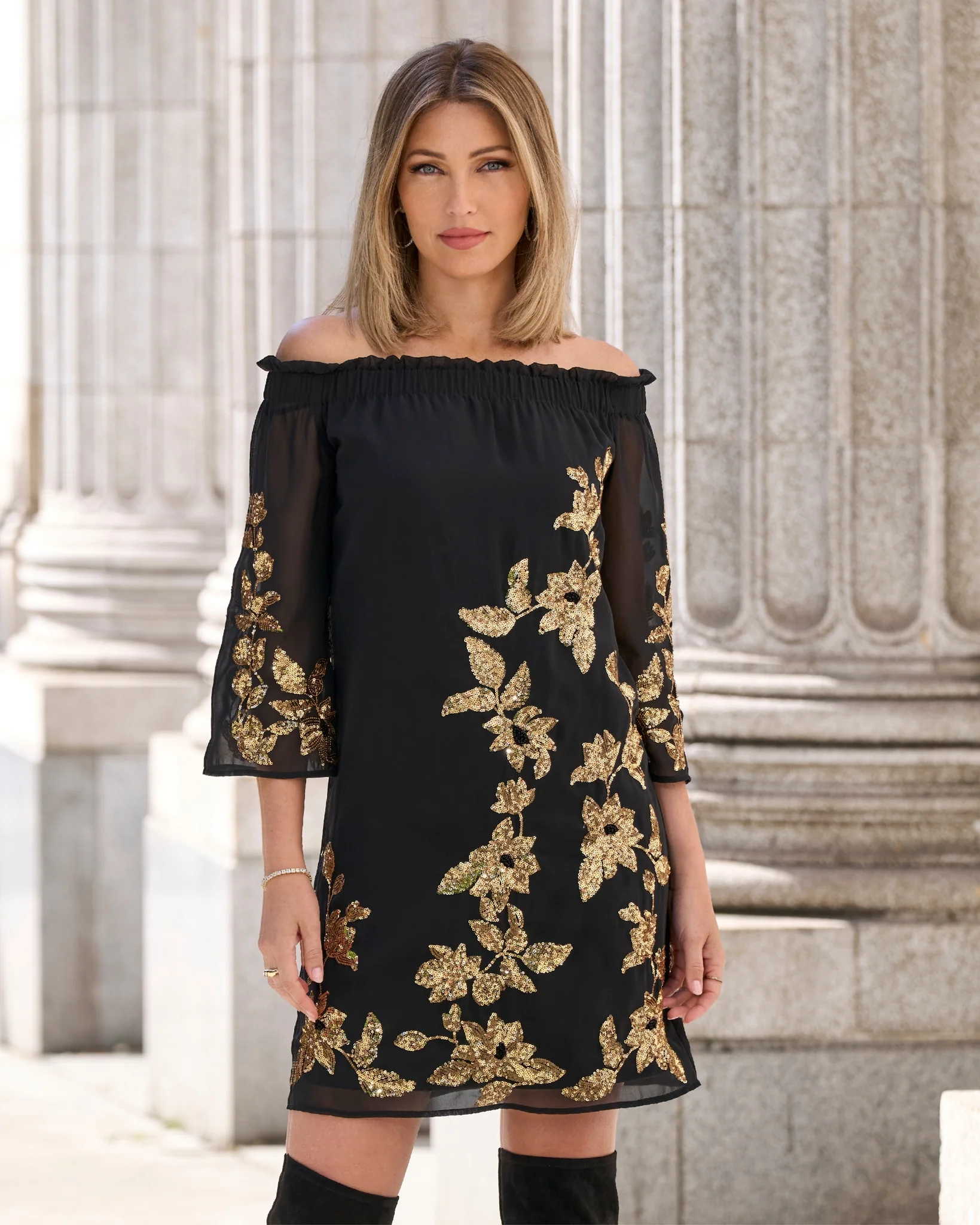 Gold Sequin Embellished Off the Shoulder Shift Dress Black - Mycitystee