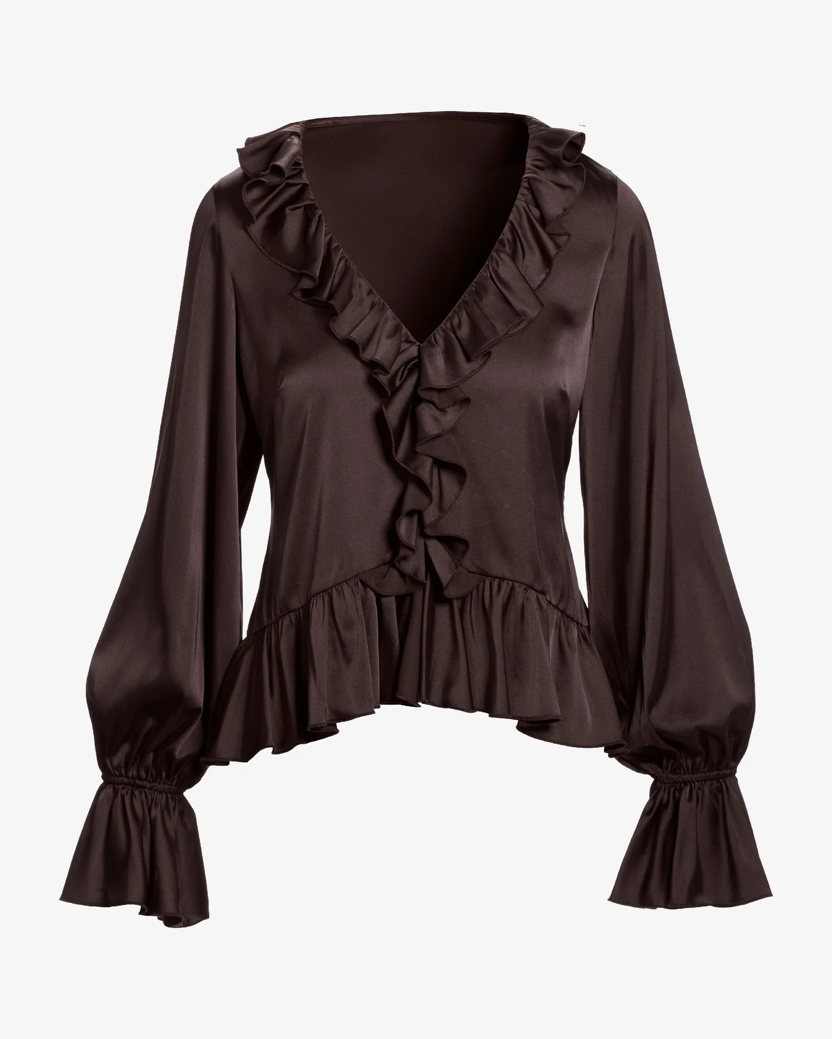Paige Ruffle Charmeuse Blouse Chocolate Torte - Mycitystee