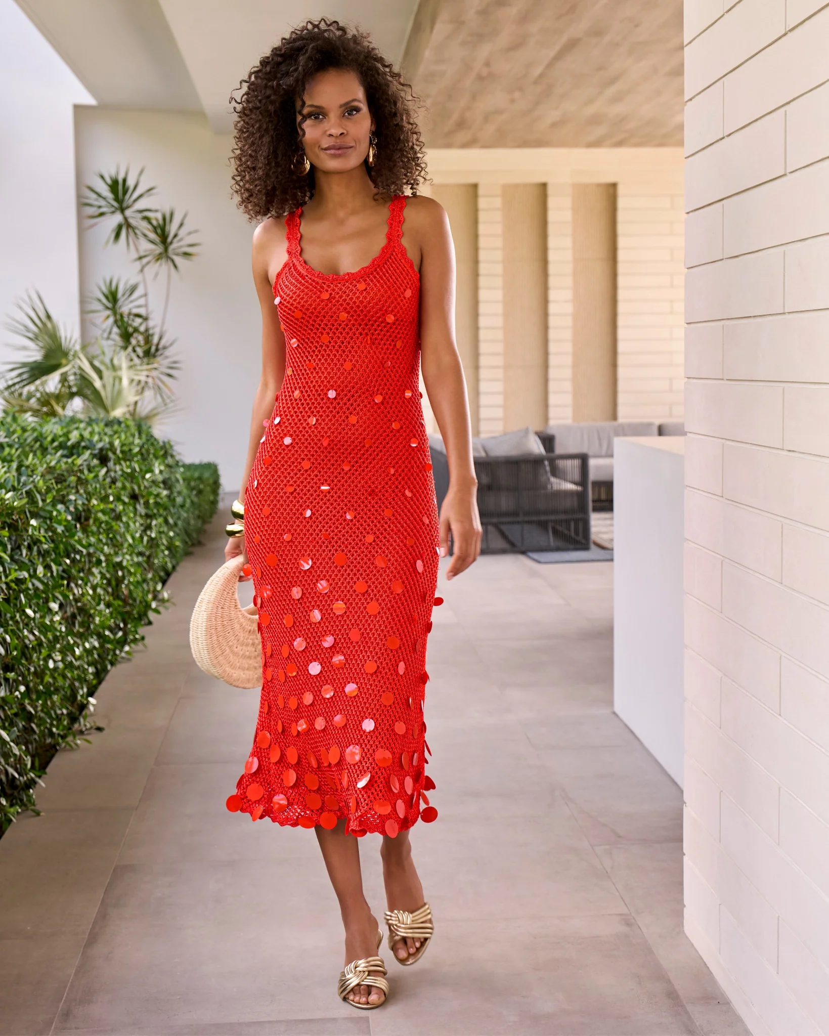 Paillette Detail Crochet Ankle Length Dress Mandarin Orange - Mycitystee