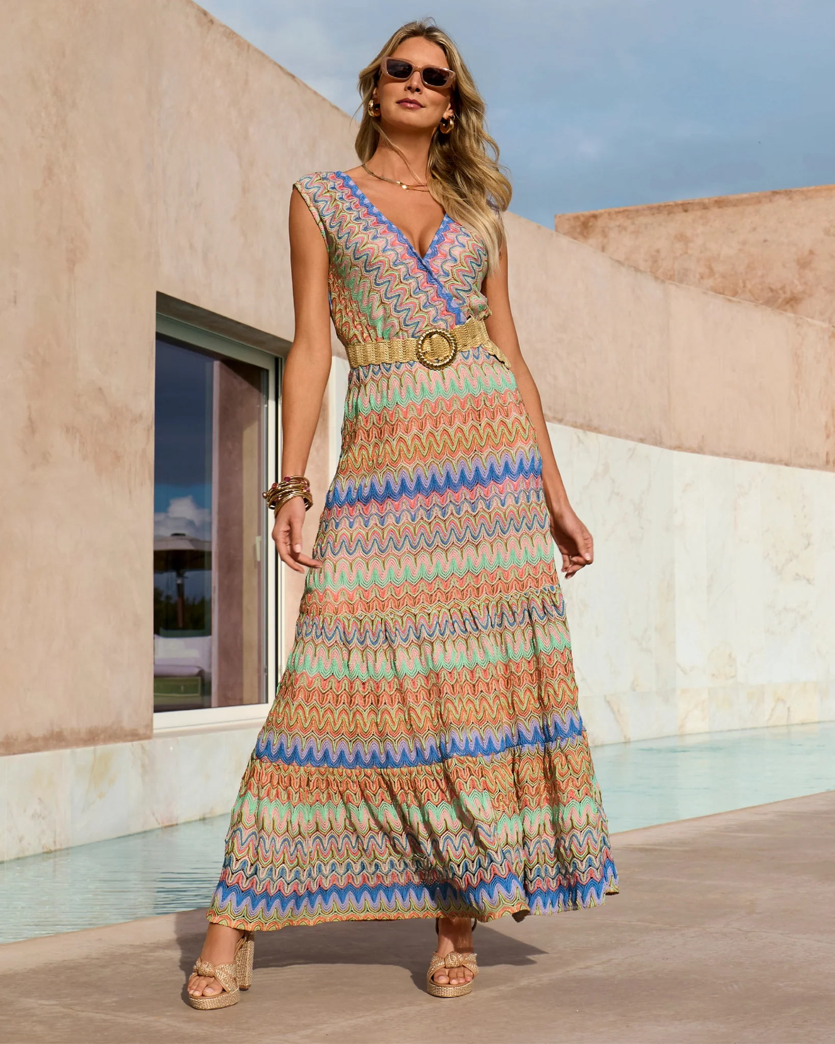 Multi Color Shimmer Surplice Maxi Dress Multi - Mycitystee
