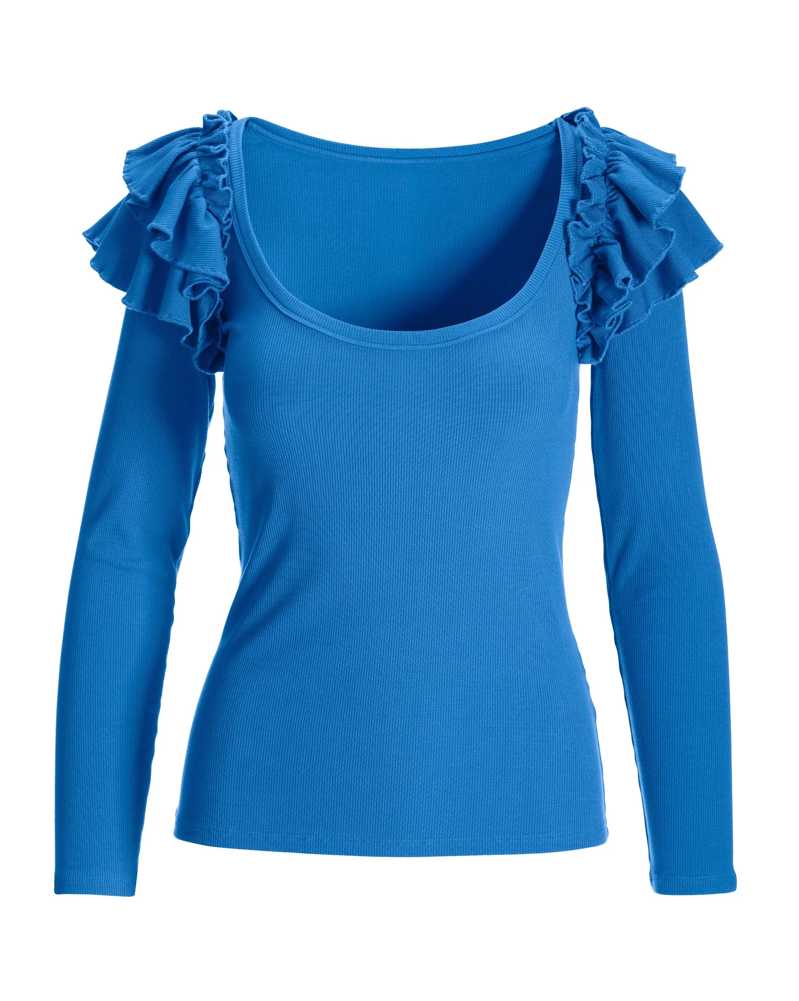 So Essential Ruffle Ribbed Long Sleeve Top French Blue - Mycitystee