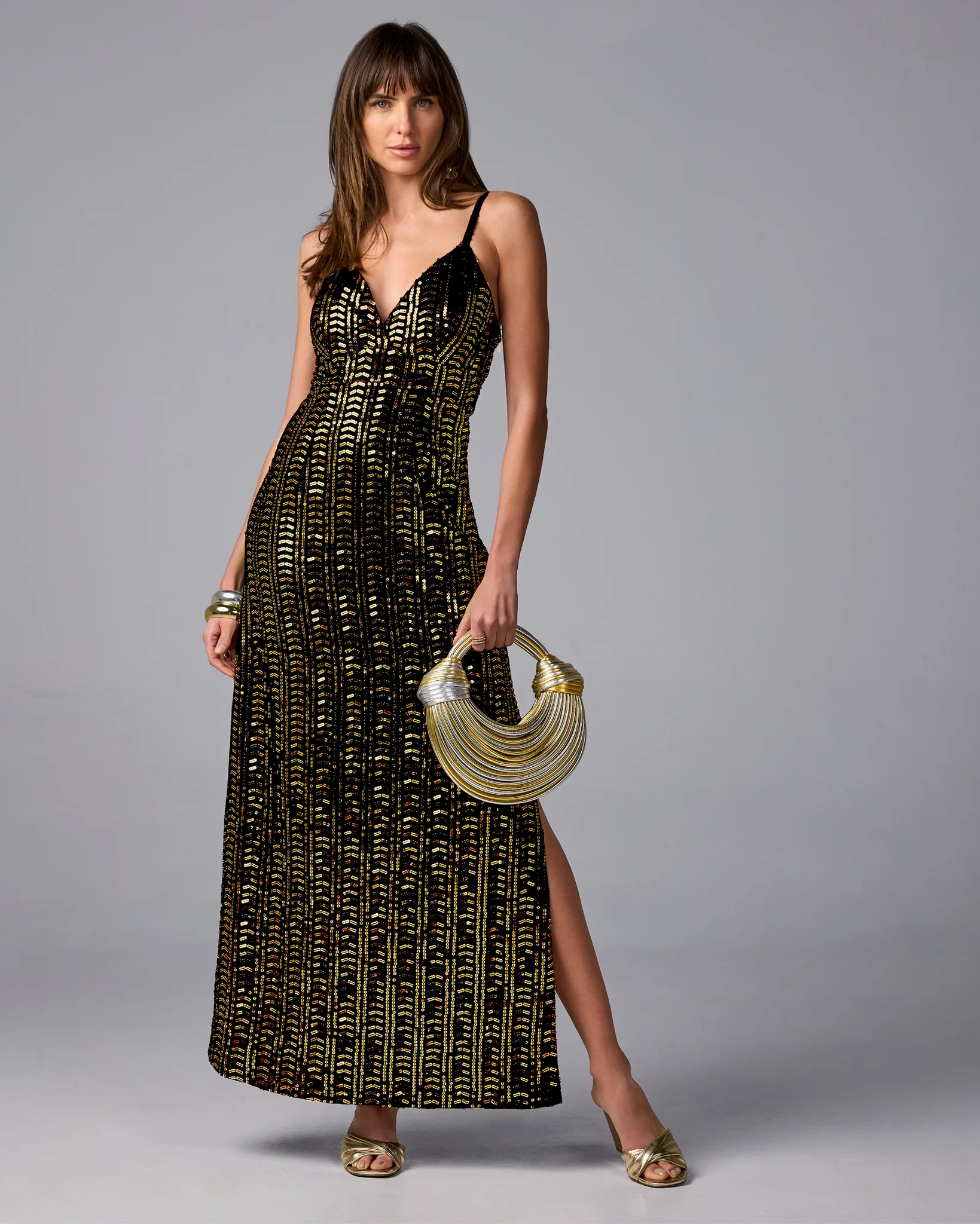Sequin Embellished V Neck Maxi Dress Black/Gold - Mycitystee
