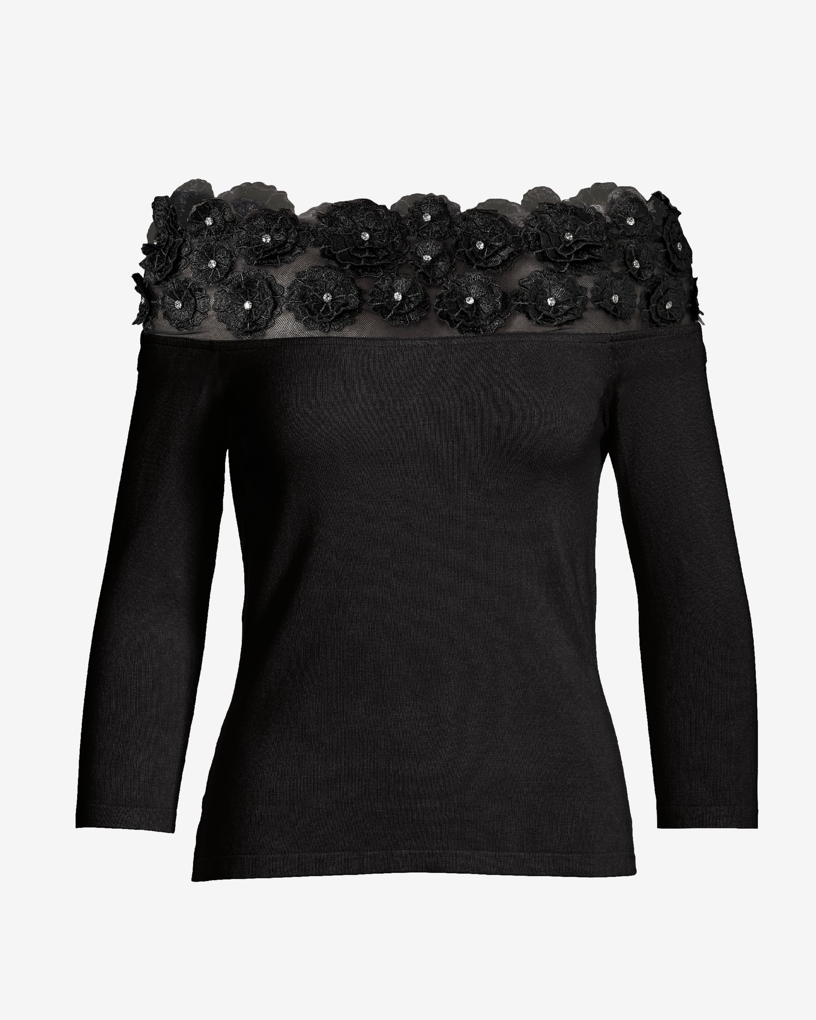 Floral Embellished Off the Shoulder Sweater Black - Mycitystee