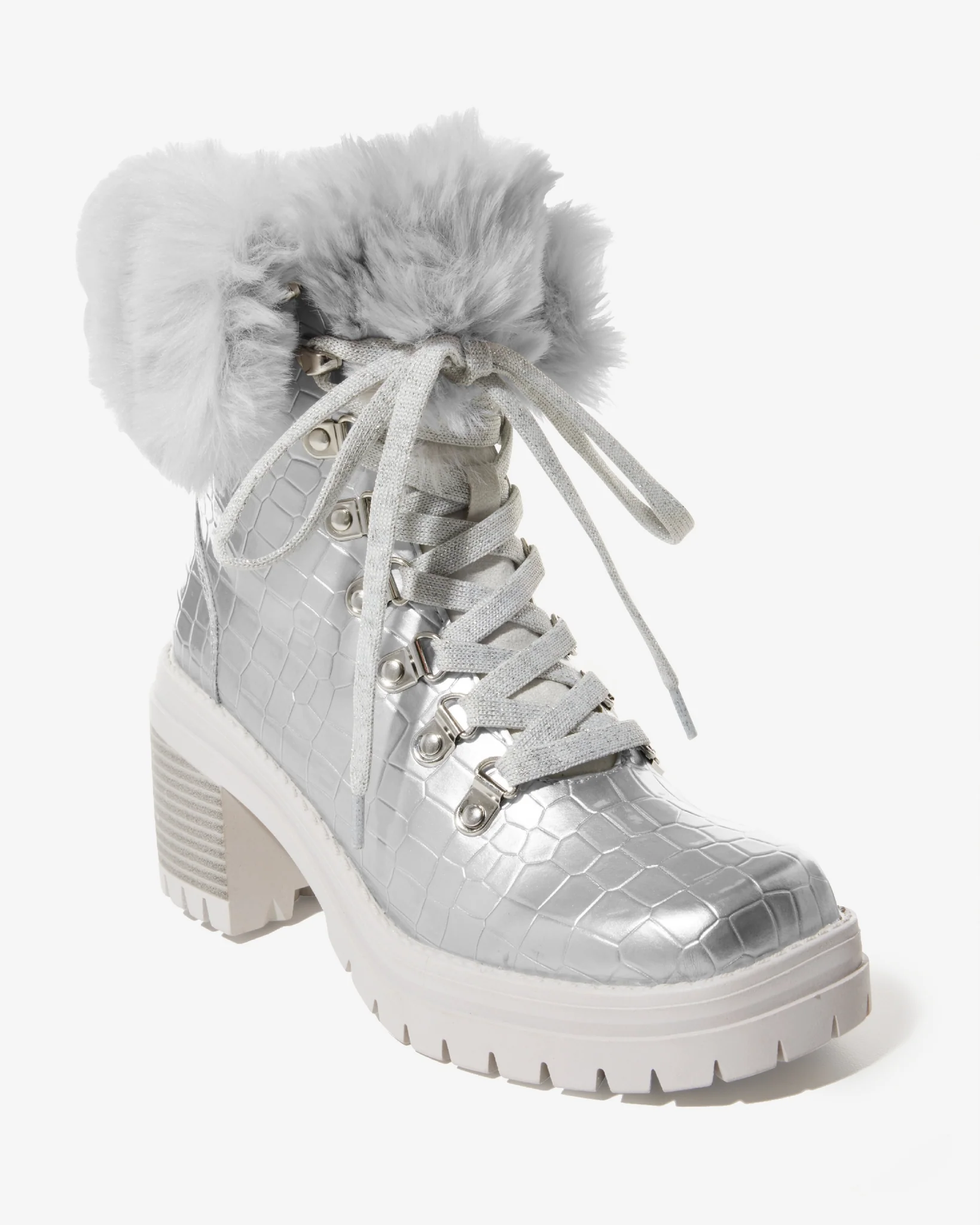 Croco Fur Lace Up Bootie Silver - Mycitystee