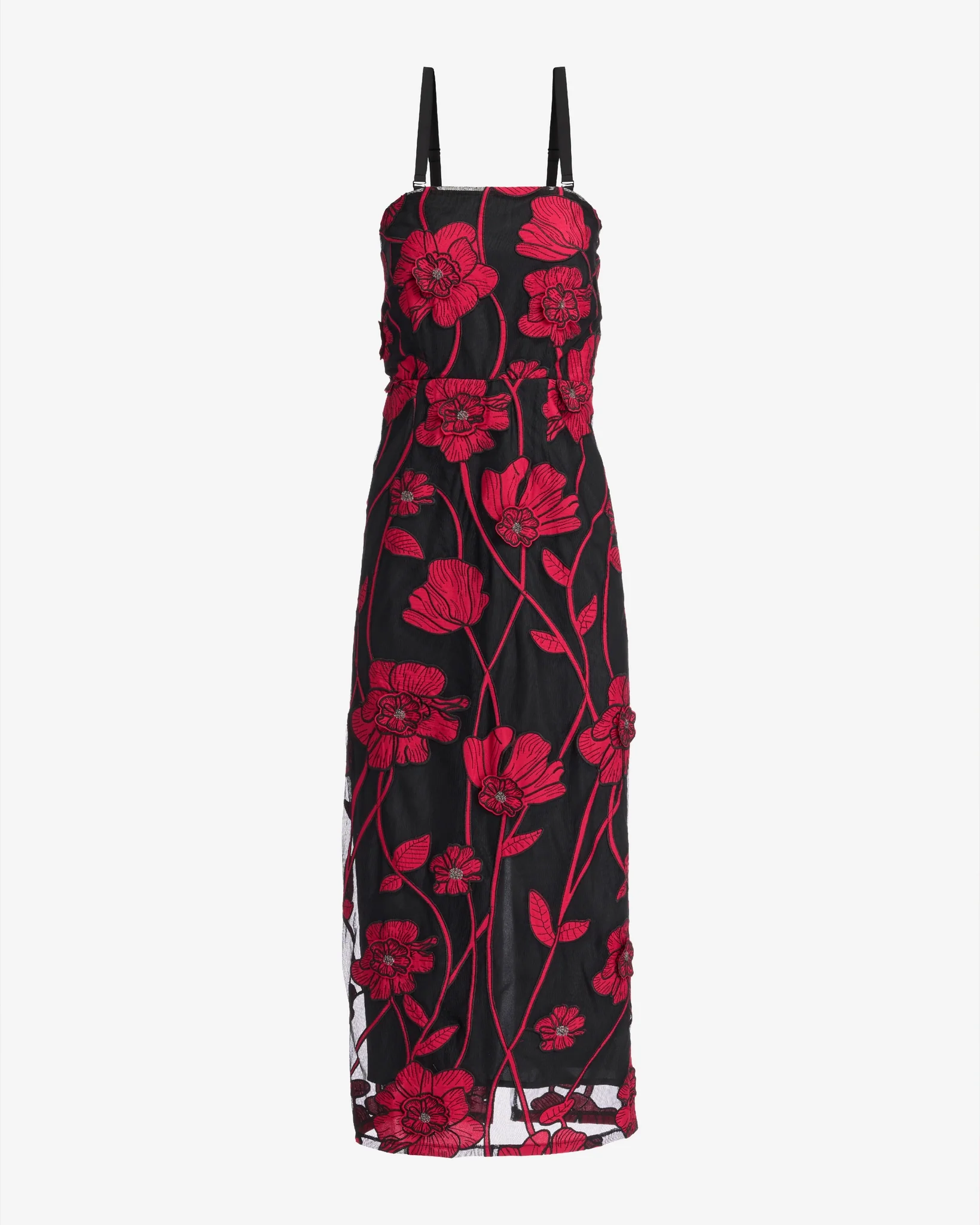 Bold Floral Mesh Column Midi Dress Red Multi - Mycitystee
