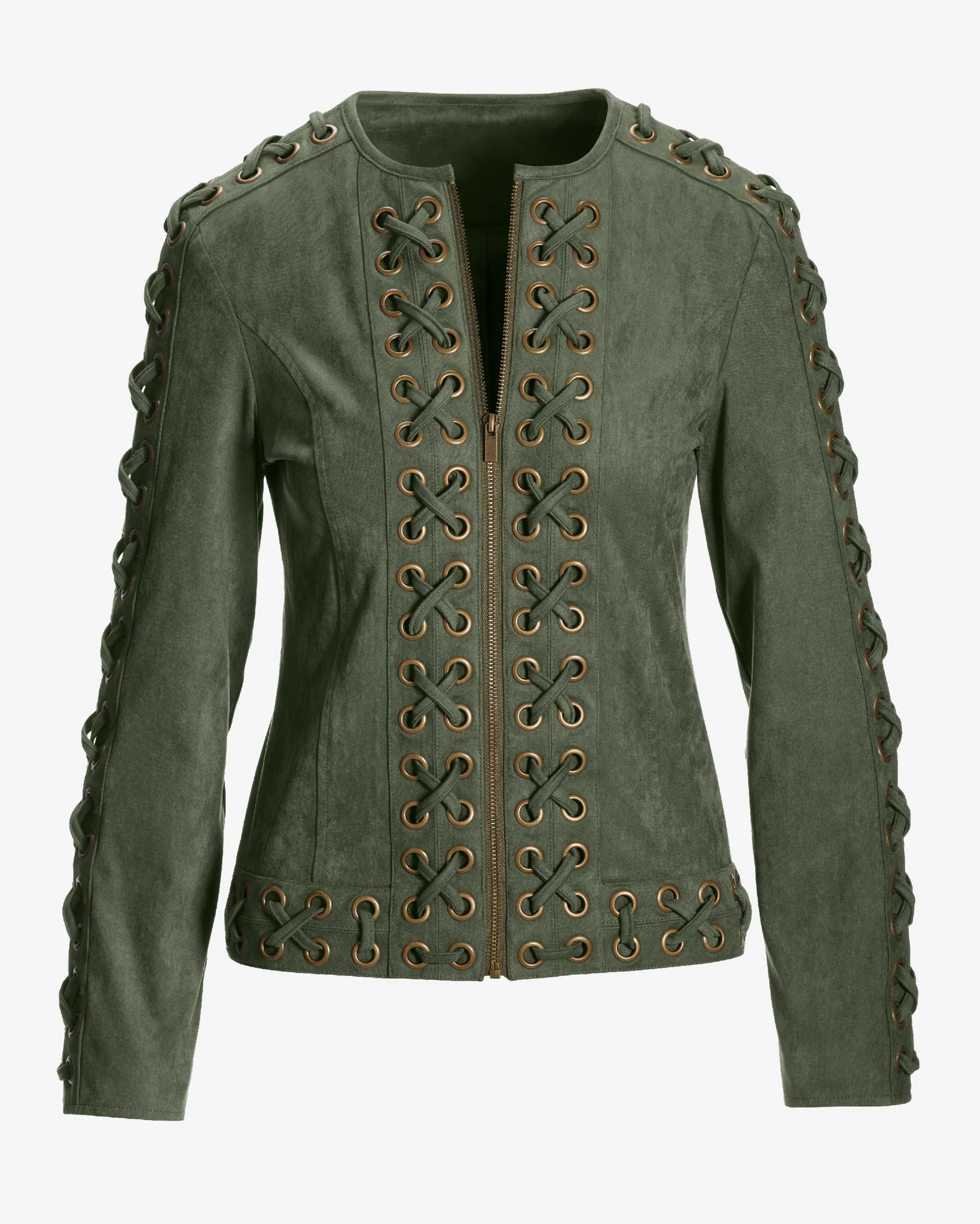 Faux Suede Grommet Lace-Up Jacket Olive - Mycitystee
