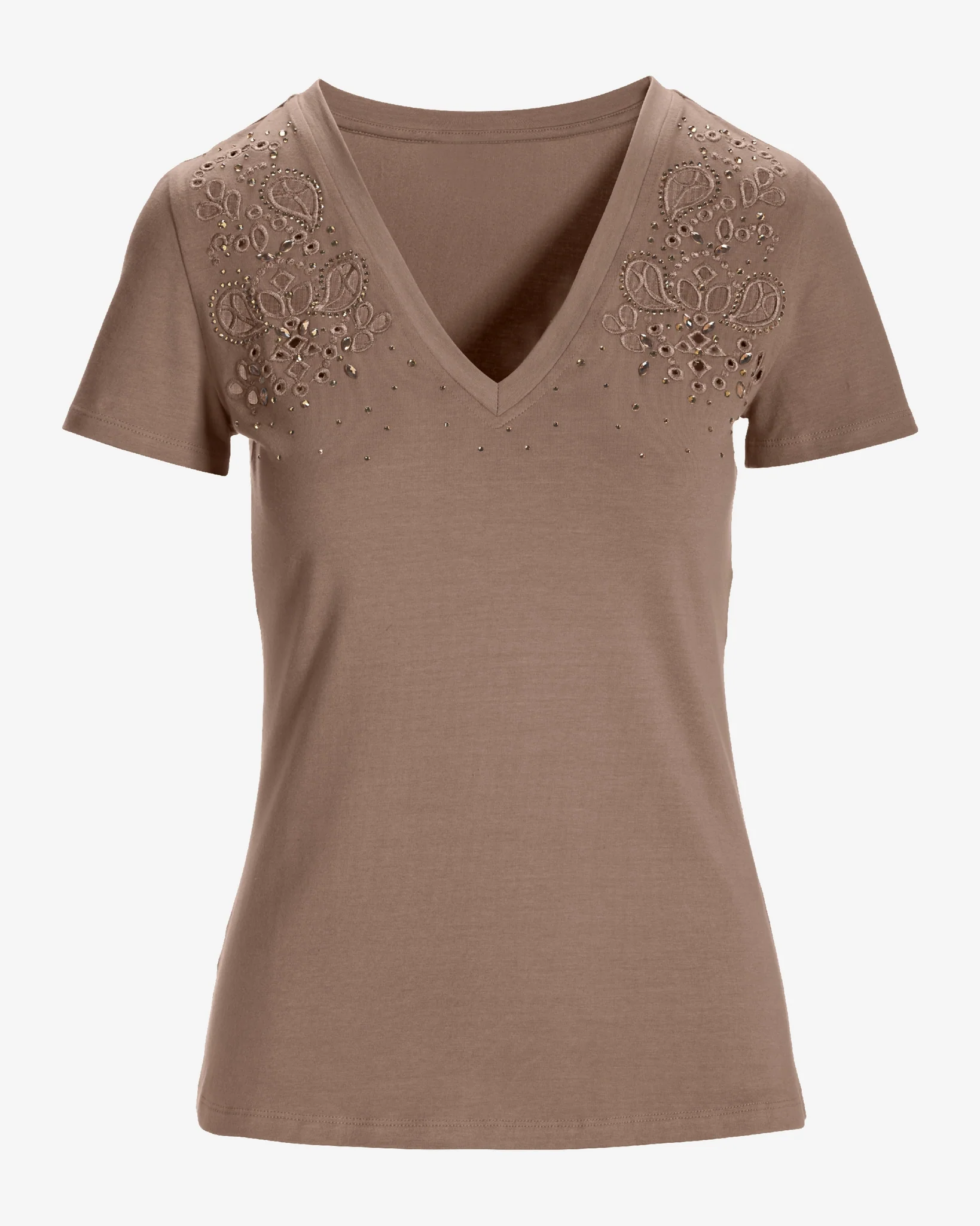 Rhinestone Eyelet V Neck Tee Dune - Mycitystee