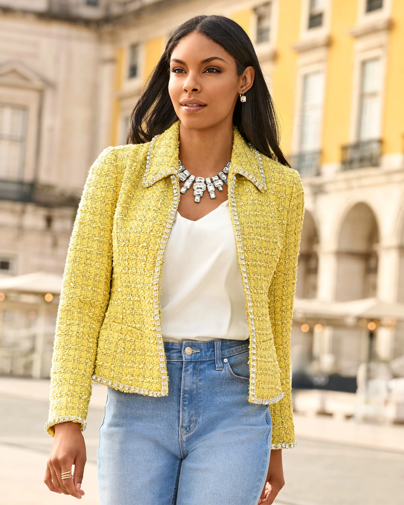 Crystal Trim Tweed Jacket Yellow - Mycitystee