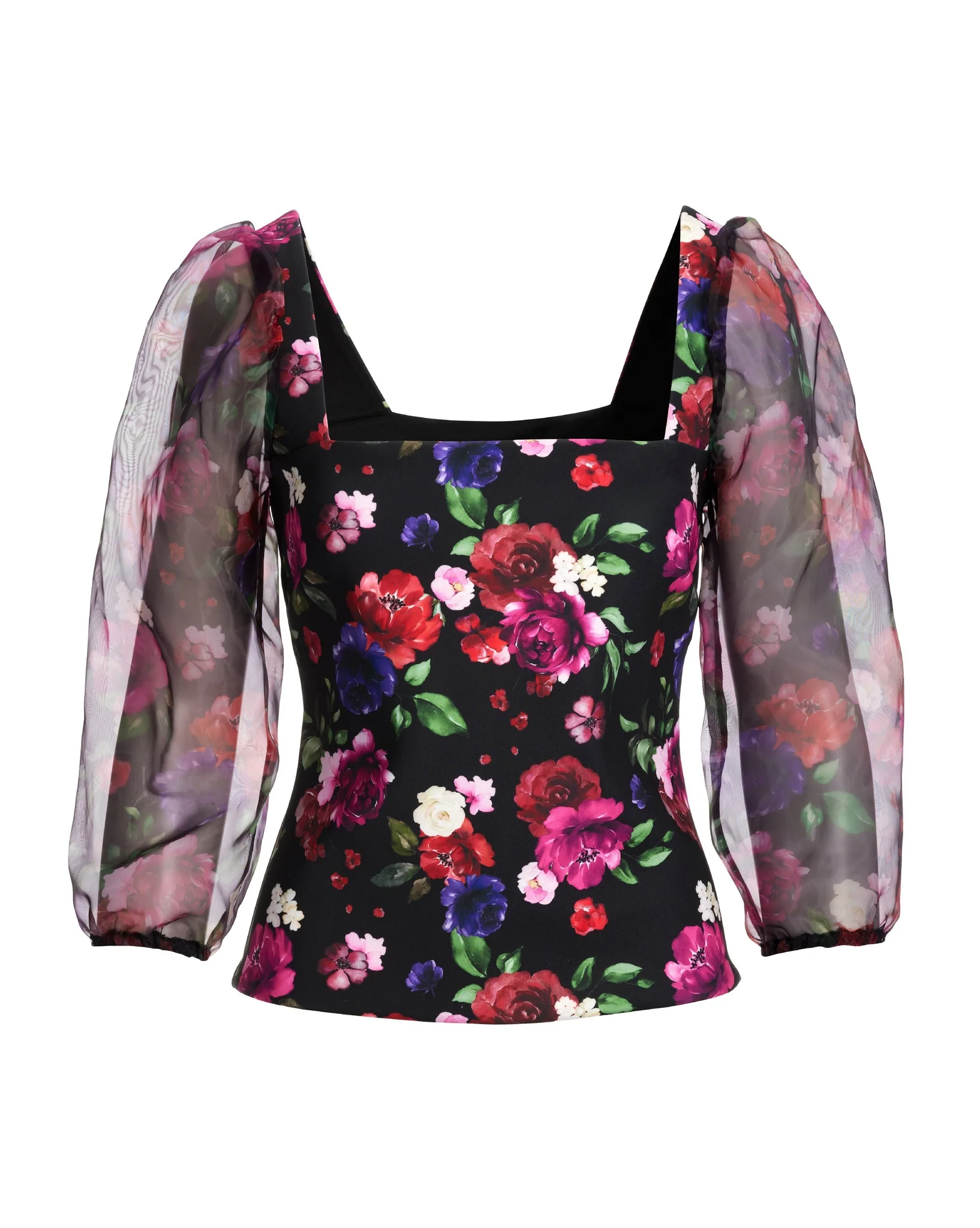 Floral Scuba and Organza Sleeve Top Multi - Mycitystee