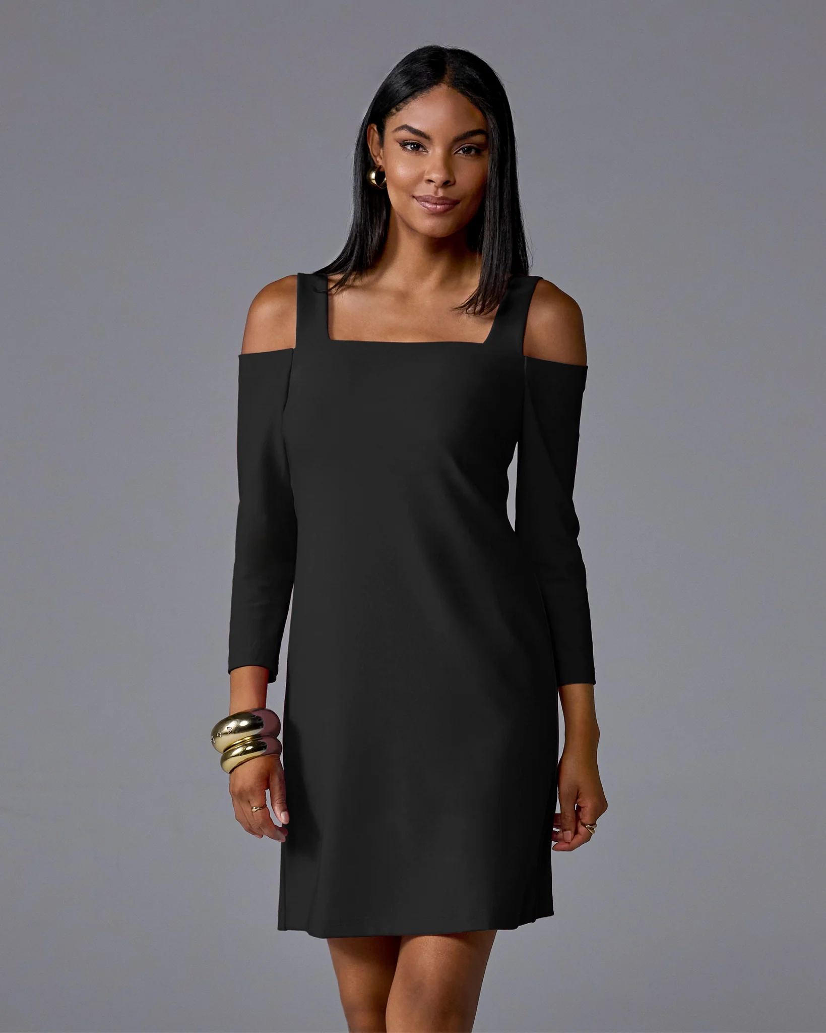 Beyond Travel Cold Shoulder Three Quarter Sleeve Dress Jet Black - Mycitystee