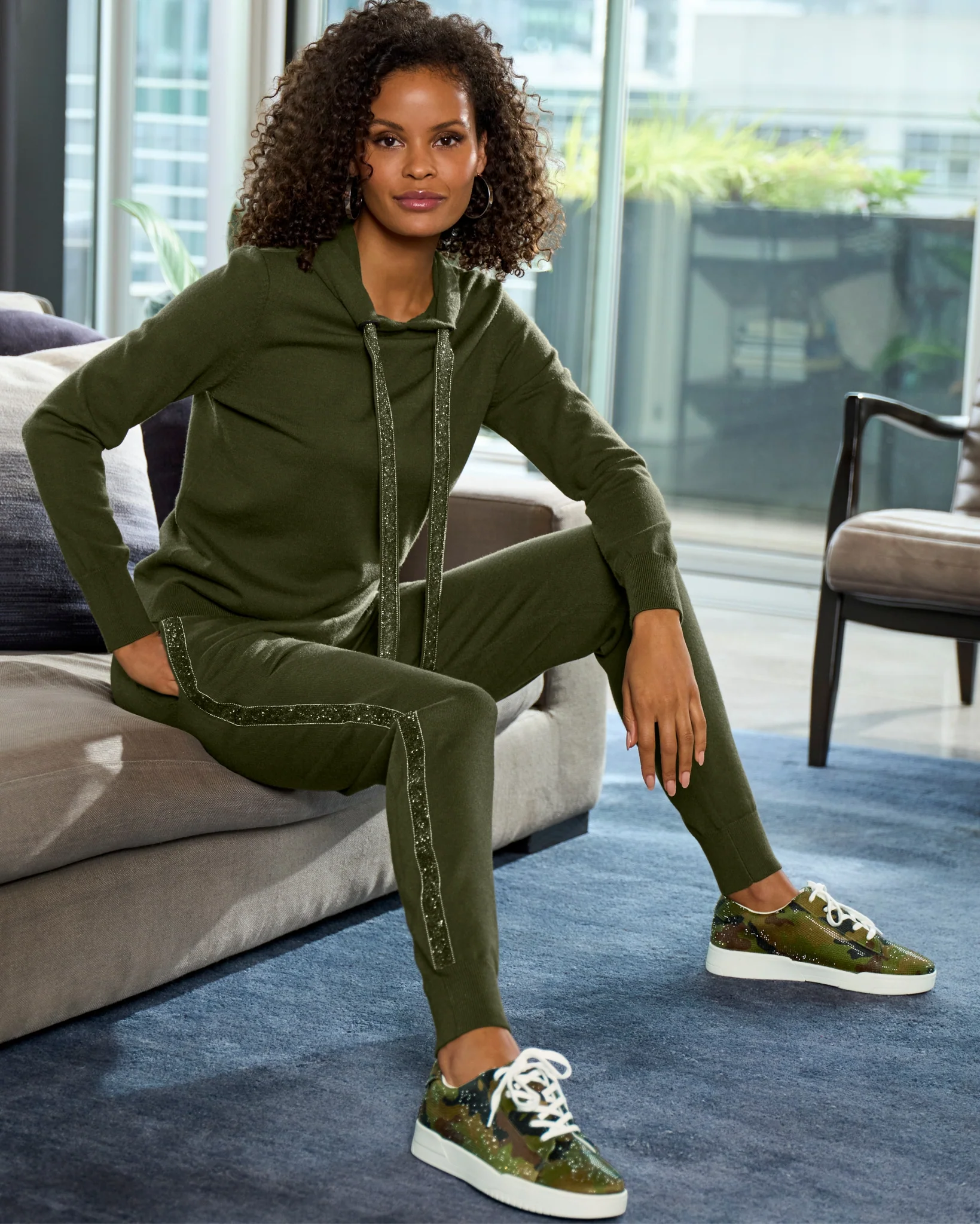 Embellished Hoodie Sweater Set Olive Night - Mycitystee